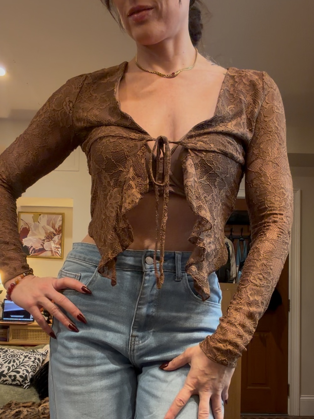 Brown Floral Lace Tie Front Crop Top – Size M